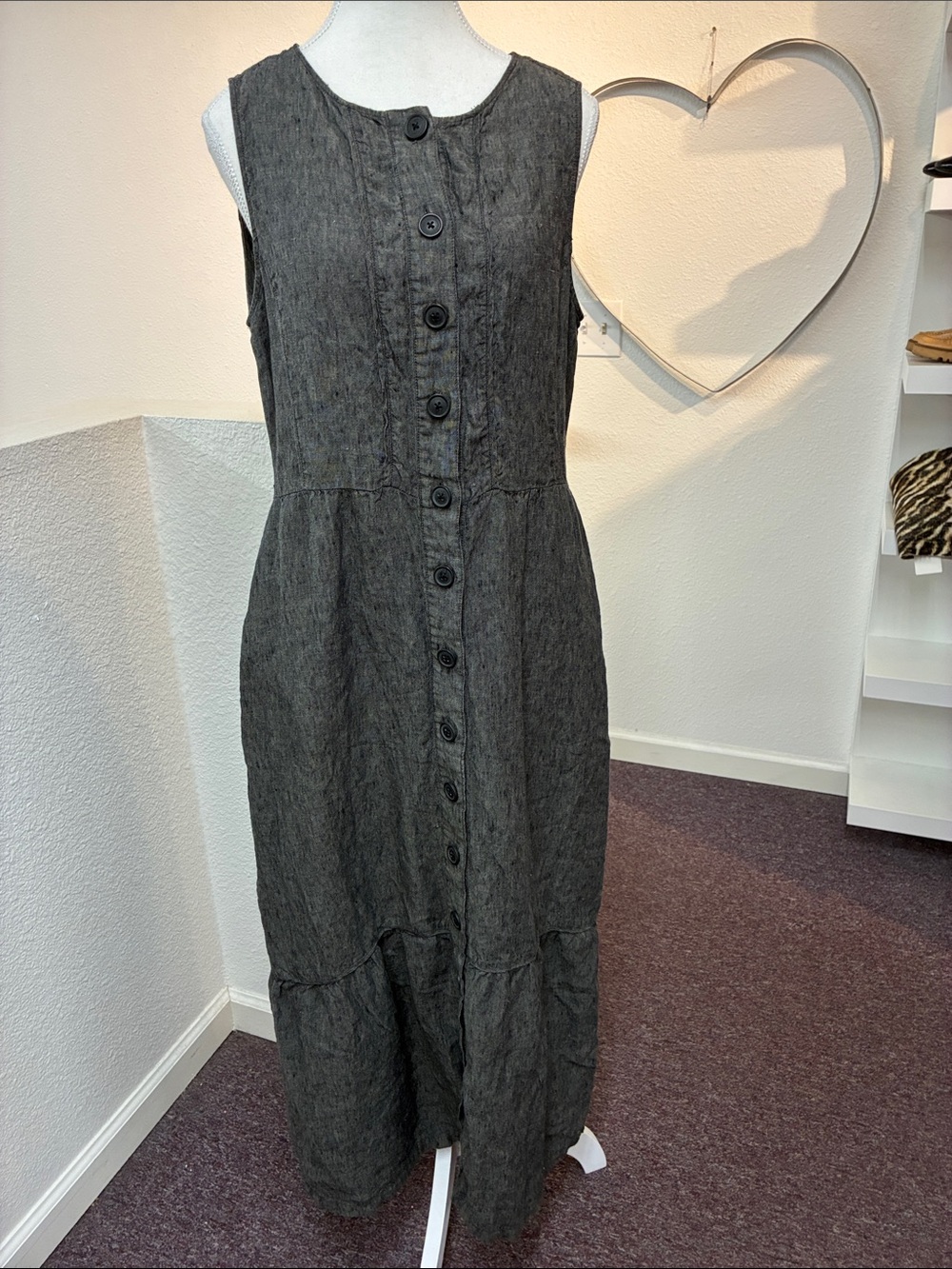 Wrap London 100% Linen Sleeveless Button-Front Maxi Dress Charcoal Gray Size 8